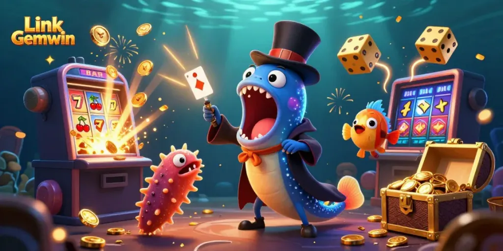 Engage with Link Gemwin's vibrant 3D casino imagery featuring stunning deep-sea characters and dynamic game elements.