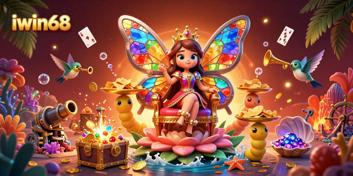 Experience the excitement at iwin68 with a dazzling casino-themed illustration featuring a vibrant butterfly queen and treasure galore.