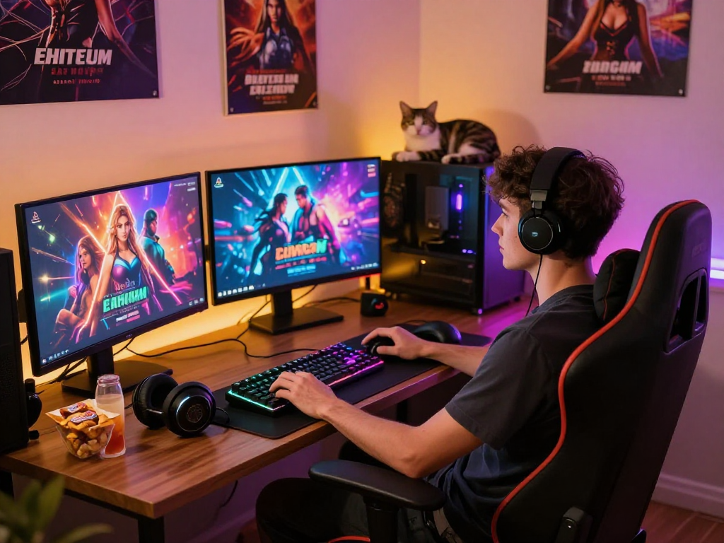 Player engaged in an interactive sex game on multiple screens, showcasing vibrant graphics and a lively gaming setup.