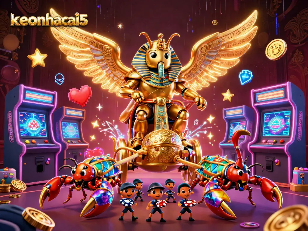 Engage with exciting keonhacai5 gaming visuals featuring a golden scarab in a vibrant casino world.