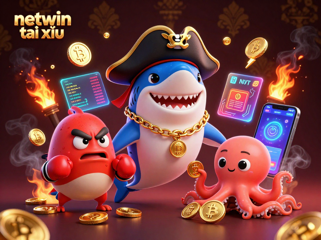 Engage with netwin tài xỉu through a vibrant casino-themed illustration featuring animated characters and crypto elements.