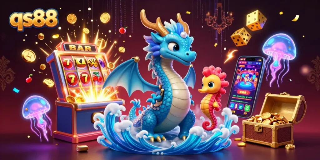 Experience thrilling gameplay at qs88 with an enchanting azure dragon and vibrant casino elements.