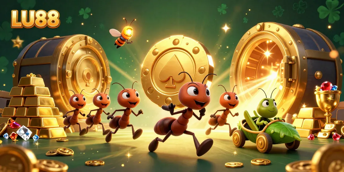 LU88 heist illustration with cartoon ants, poker chip, and treasure vault effects.