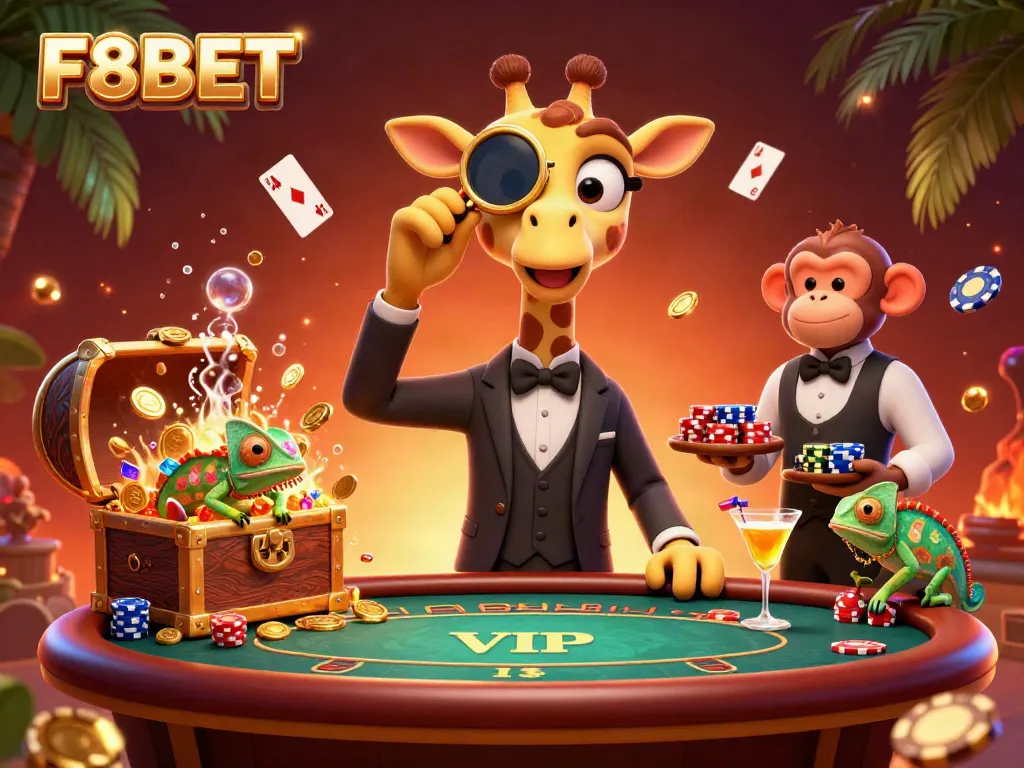 Engage with the thrilling atmosphere of F8BET featuring a high-roller giraffe at a VIP casino table.