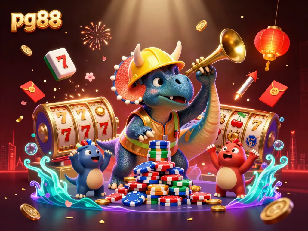 Engage in thrilling gameplay at pg88 with our lively casino scene featuring a triceratops and more!