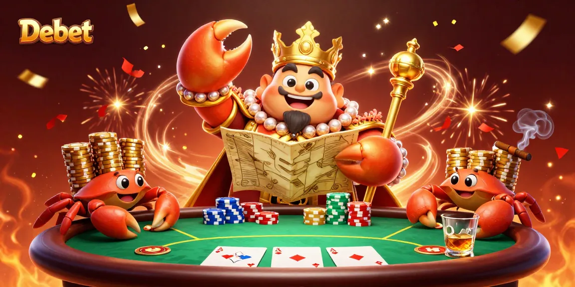 Experience the excitement of Debet's poker scene with a vibrant 3D crab emperor and rich casino elements.