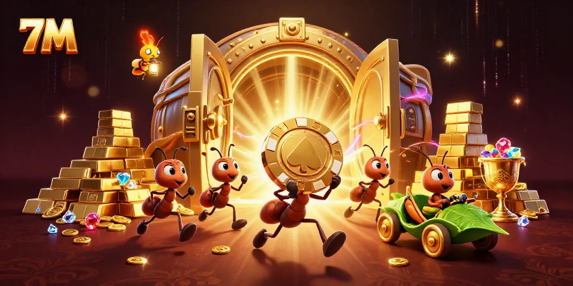 Ants heisting a giant poker chip in a vibrant casino-themed tunnel illustration for 7M.