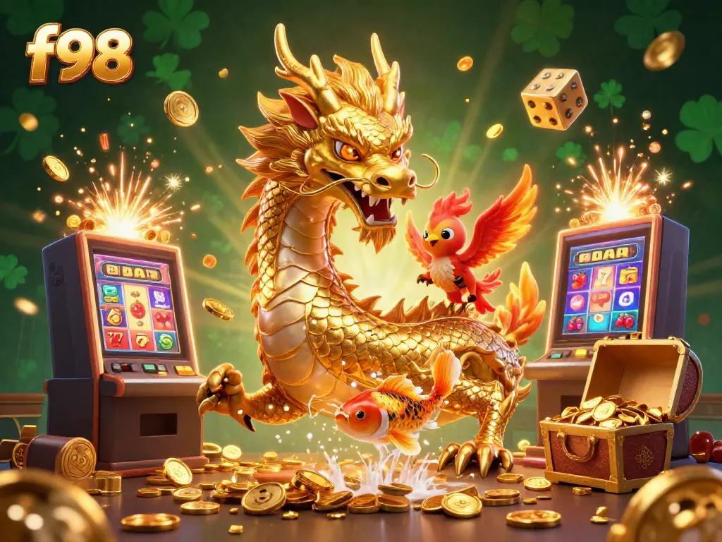 Experience f98's exhilarating jackpots with vibrant dragons, phoenix, and gold coins!