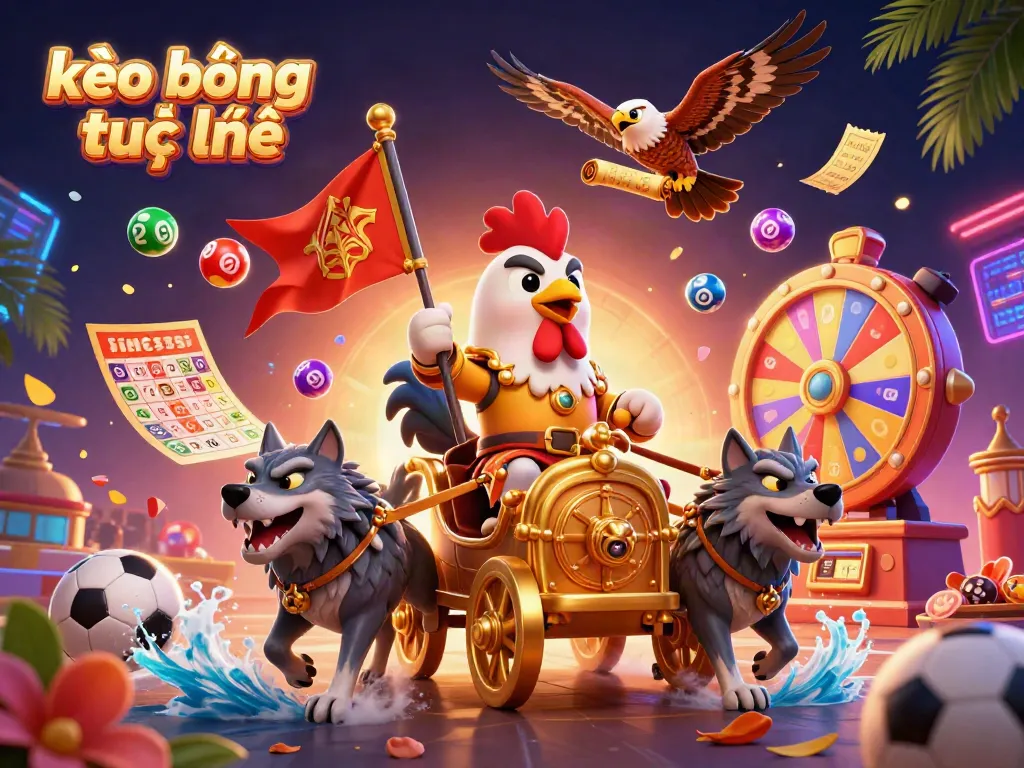 Bet on exciting kèo bóng trực tuyến with our dynamic illustration featuring sports elements, colorful lottery balls, and a golden chariot.