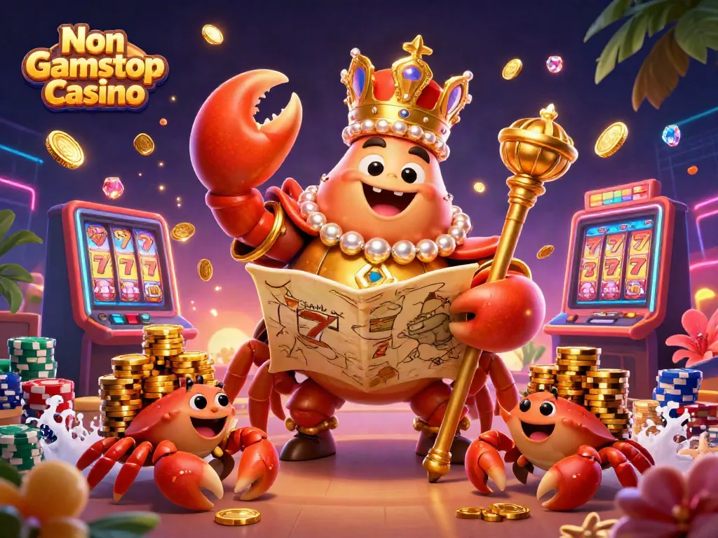 Experience the vibrant energy of a Non Gamstop Casino with a golden crab emperor in a dynamic gaming scene.
