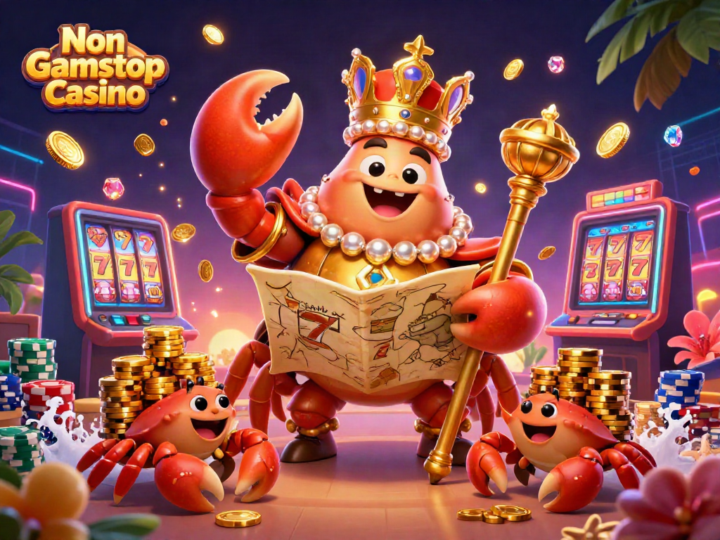Experience the vibrant energy of a Non Gamstop Casino with a golden crab emperor in a dynamic gaming scene.