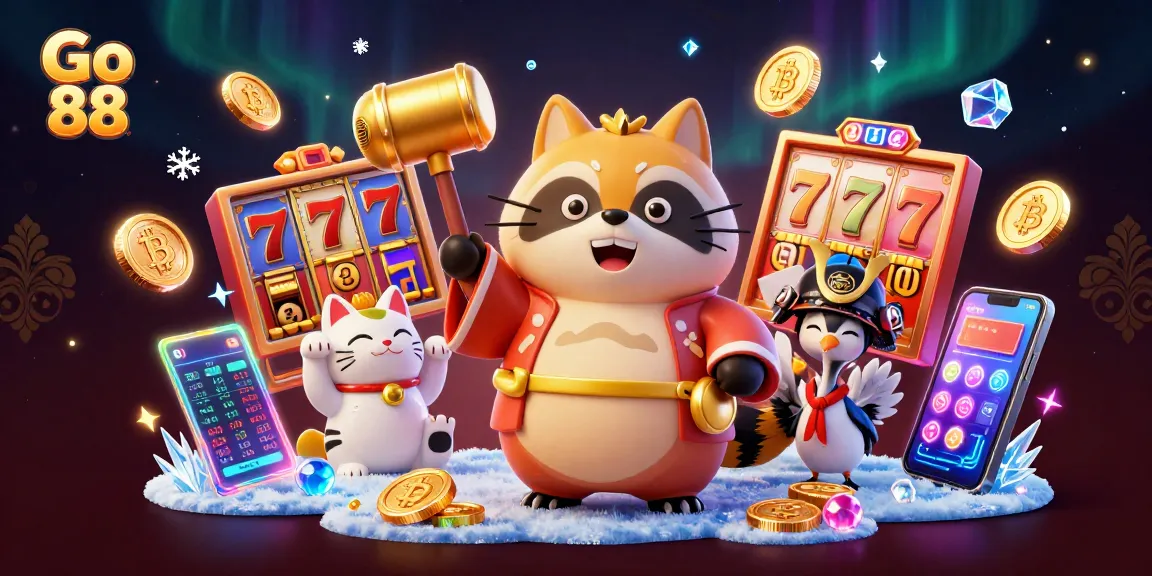 Spin and win at Go 88 with a vibrant scene featuring cheerful characters and exciting slot game elements.