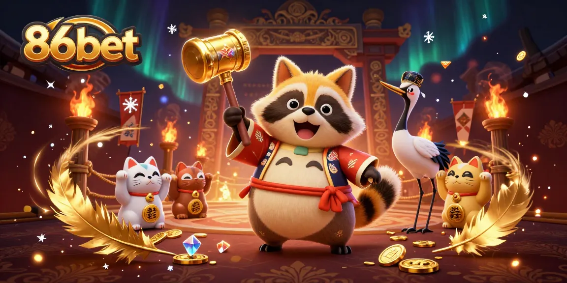 Wager and win with 86bet in this vibrant casino-themed illustration featuring a cheerful tanuki and lucky cats.