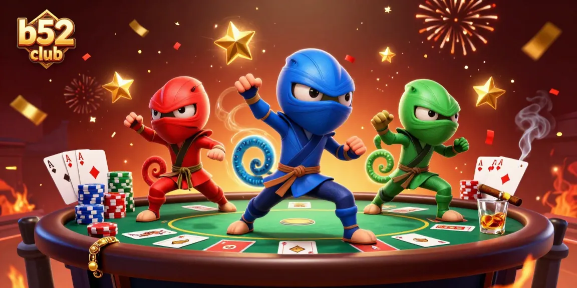 B52club players enjoy thrilling poker action with 3D ninja chameleons in an exciting casino scene.