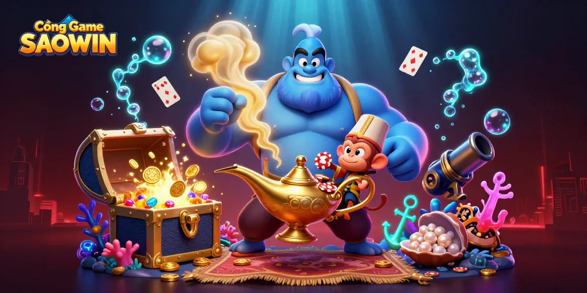 Cổng Game SAOWIN showcases an energetic 3D casino scene with characters and vibrant games.