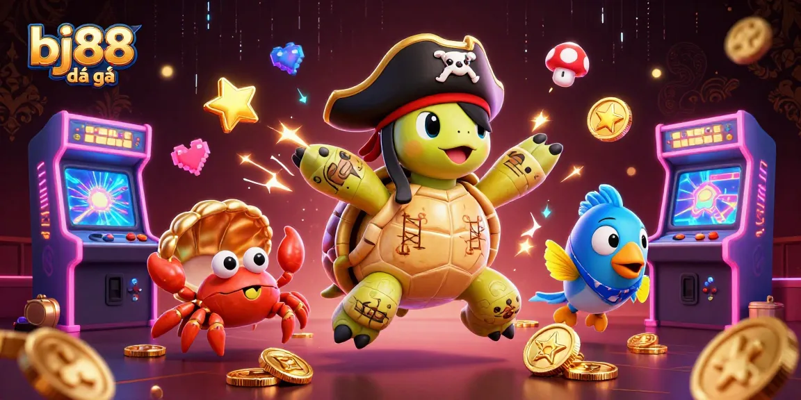 Experience the excitement of bj88 đá gà with a 3D cartoon scene featuring characters and casino game elements.