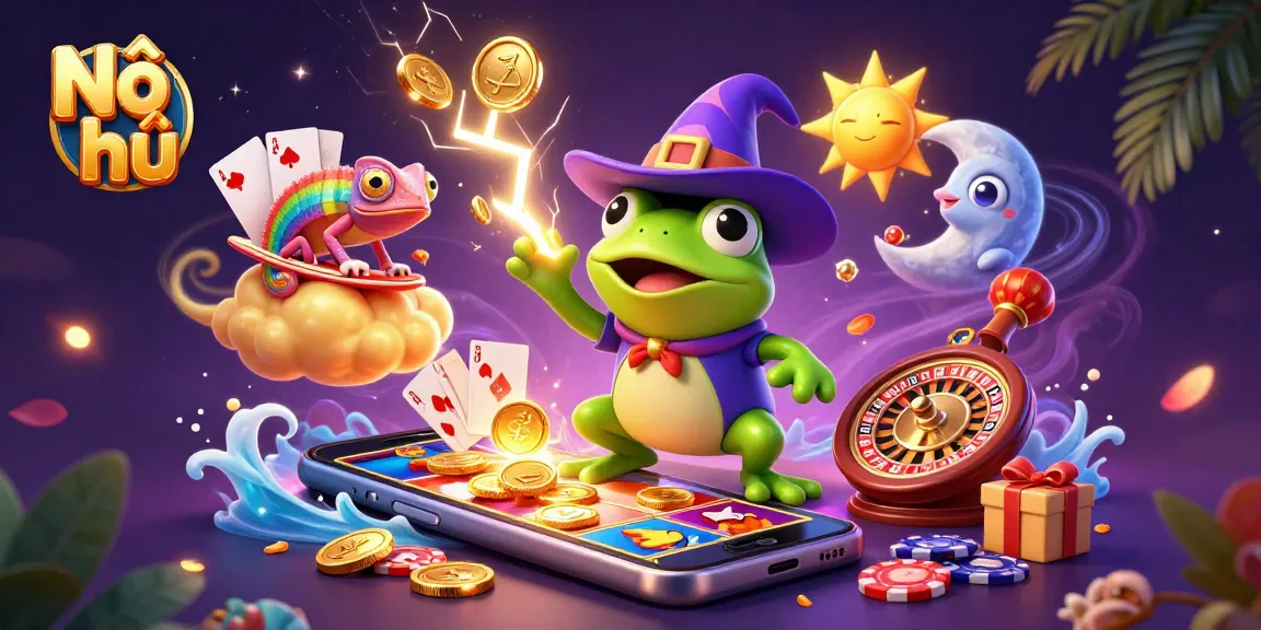 Nổ hũ adventure with characters winning coins and exciting bonuses in a vibrant casino scene