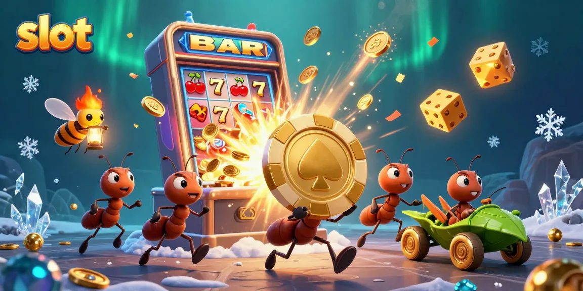 Engage with slot gaming excitement as ants execute a heist with golden chips amidst a dynamic casino scene.