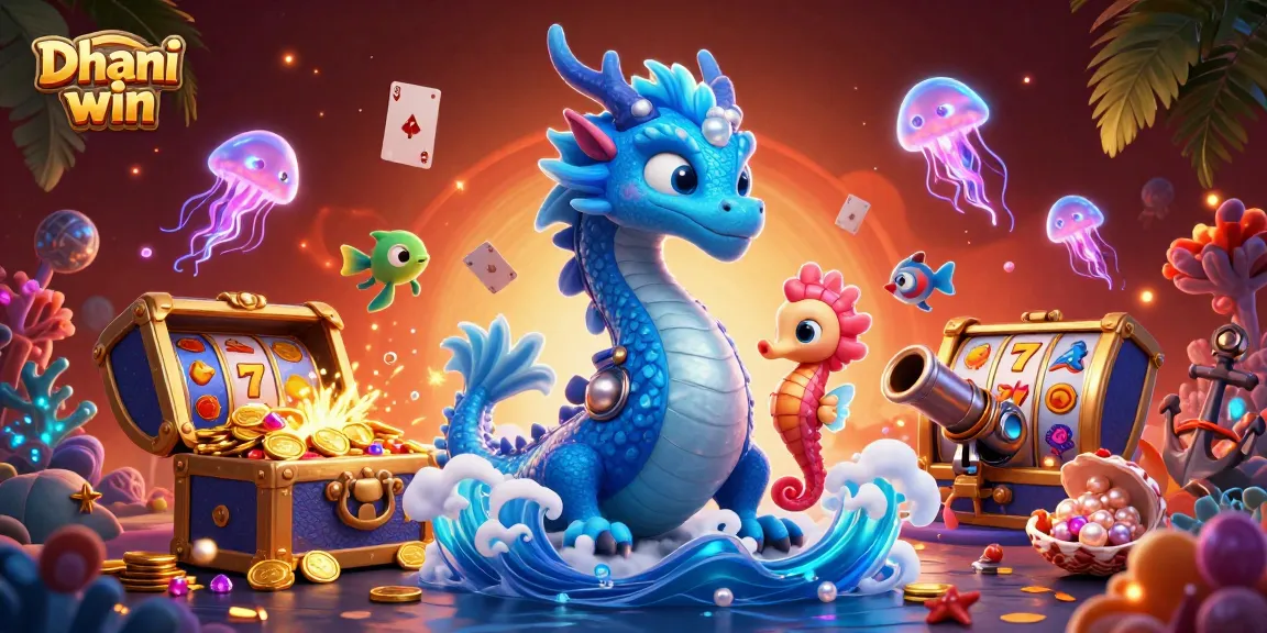 Dhani win game illustration showcasing an azure dragon, seahorse knight, and interactive casino game elements.