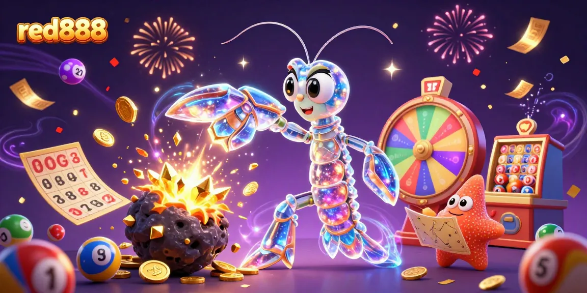 Experience excitement with red888 as colorful lottery elements burst in a vibrant 3D casino scene.