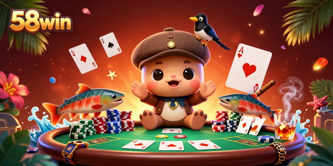 Engage in thrilling casino games at 58win, featuring cartoon characters with poker elements and vibrant visuals.