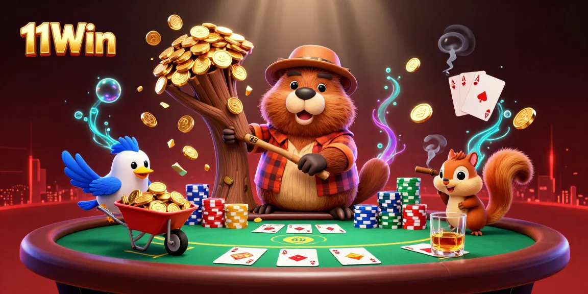 Join 11Win's fun as a beaver, bird, and squirrel collect coins at a poker-themed casino!