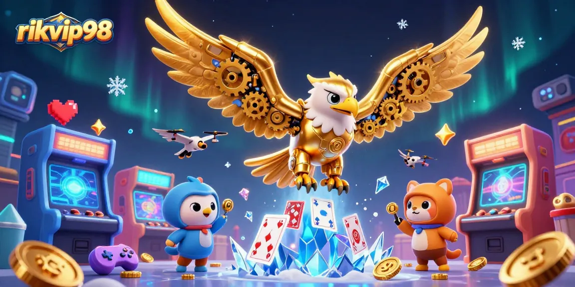 Experience thrilling gameplay at rikvip98 with vibrant gaming machines, holographic cards, and a 3D eagle in action.