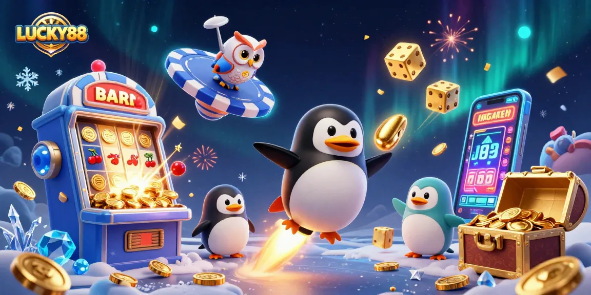 Spin the reels with LUCKY88 in this vibrant, action-packed casino scene overflowing with fortune.