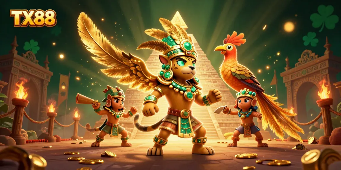 TX88 spins the reels with vibrant Mayan-themed characters in an immersive casino scene.