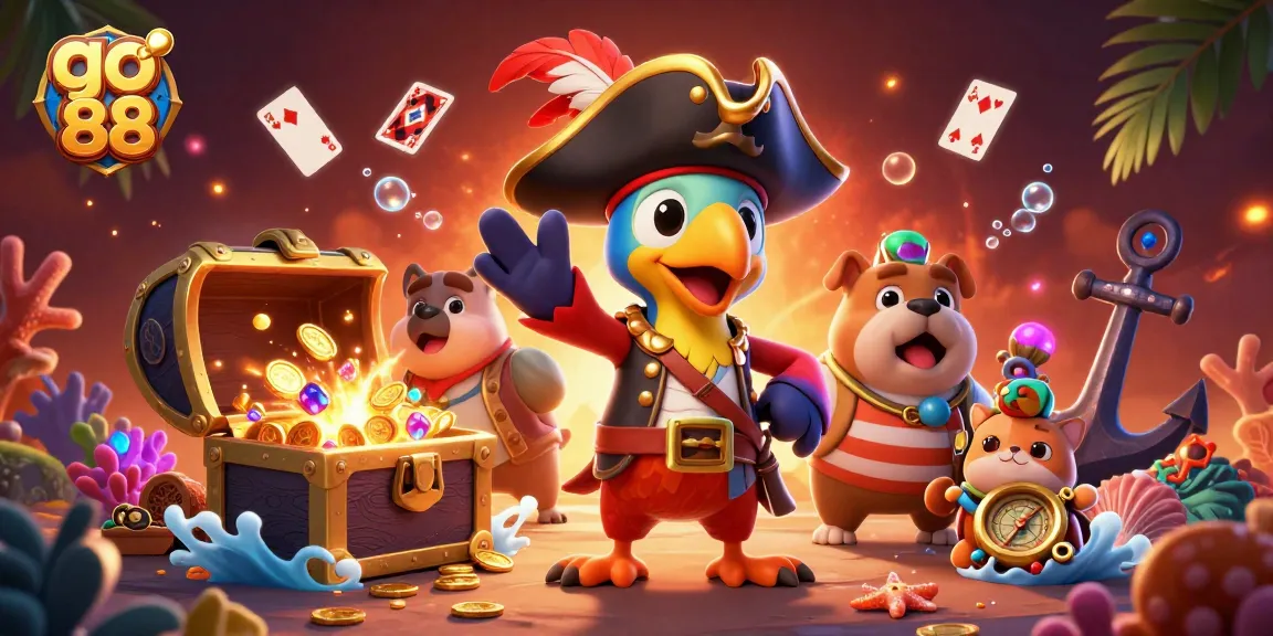Experience gaming excitement with go 88 in a vibrant casino-themed scene featuring treasure and cards.
