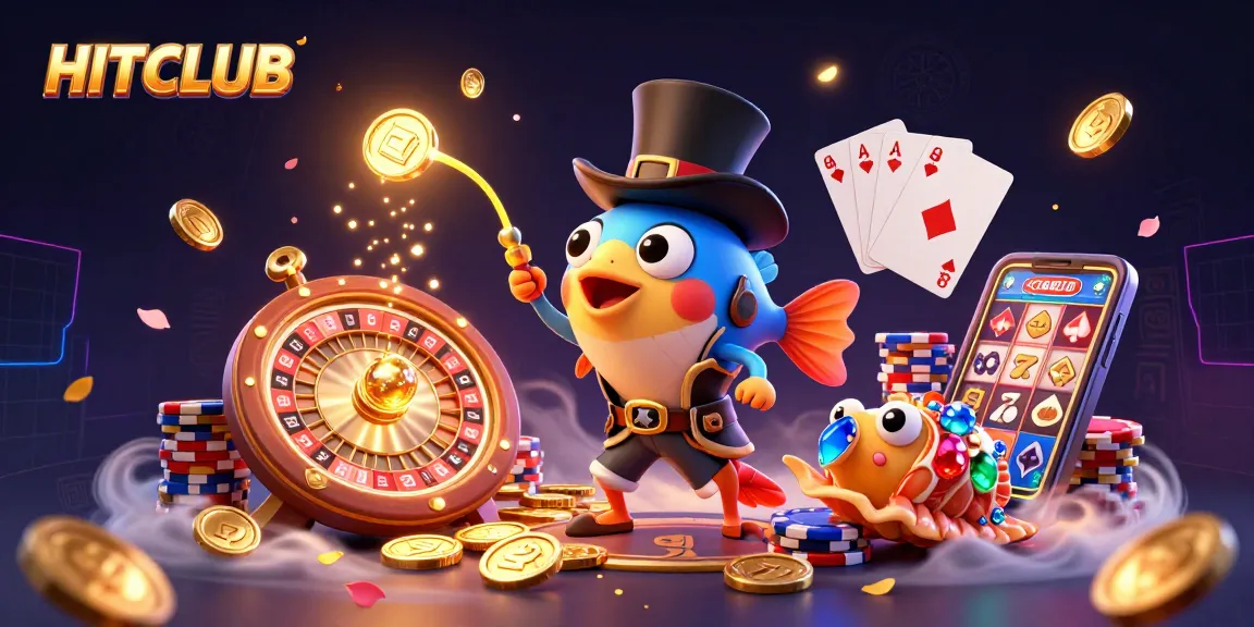 HitClub’s anglerfish lures golden coins amid dynamic casino elements like poker chips and playing cards.