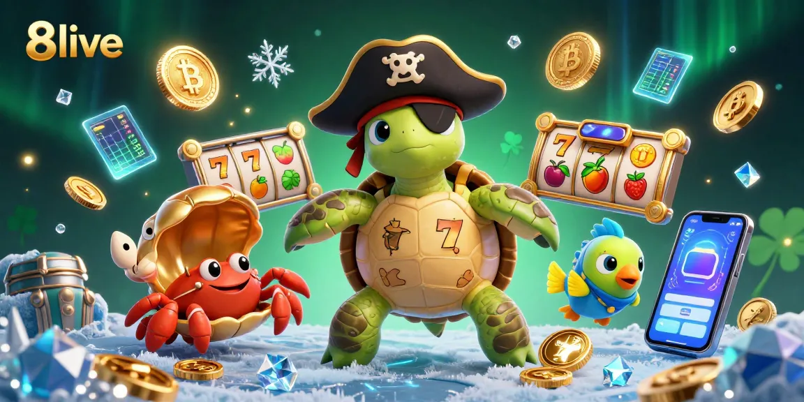 Win big with 8live in this vibrant casino scene featuring a pirate turtle and more!