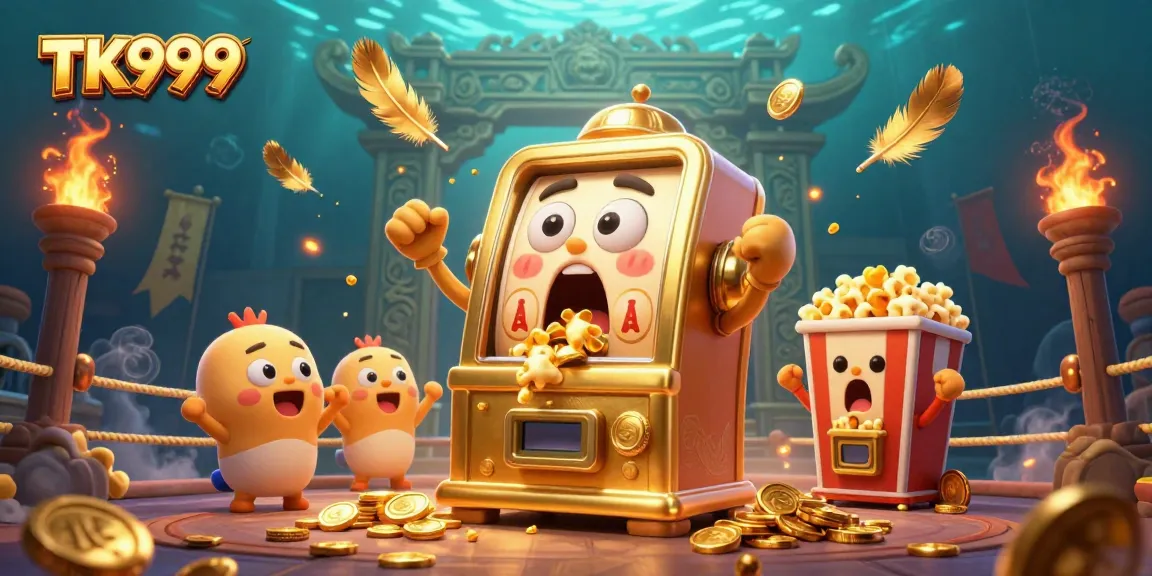 Experience the thrill of TK999 as a golden slot machine hits a jackpot, showering coins amidst dynamic casino action.